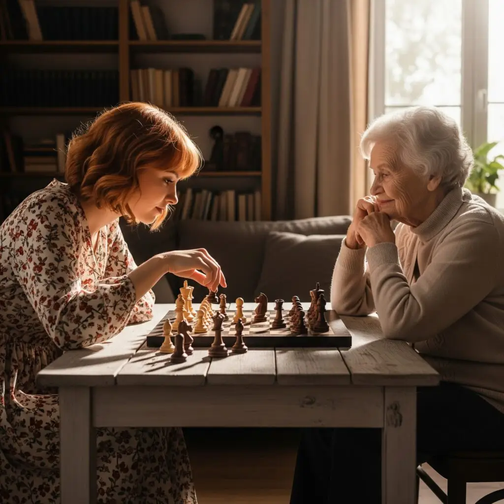 A young woman and an old woman playing chess