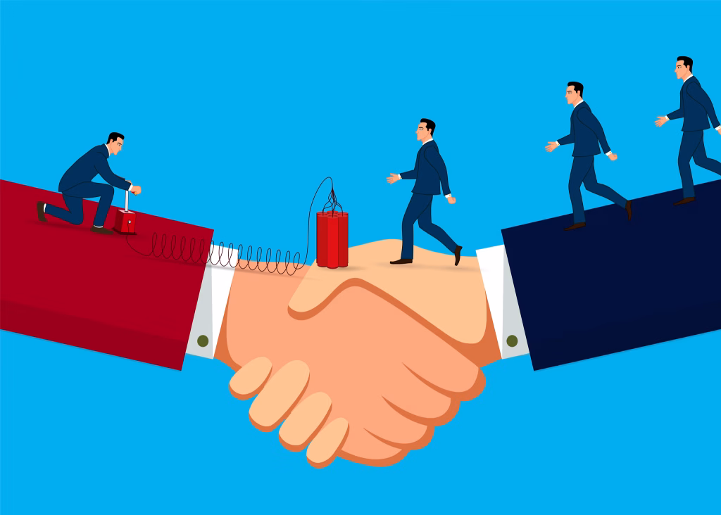 Shaking hands about to be disrupted by a dynamite blast