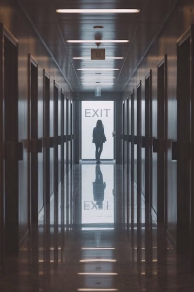 Person at end of corridor with exit sign