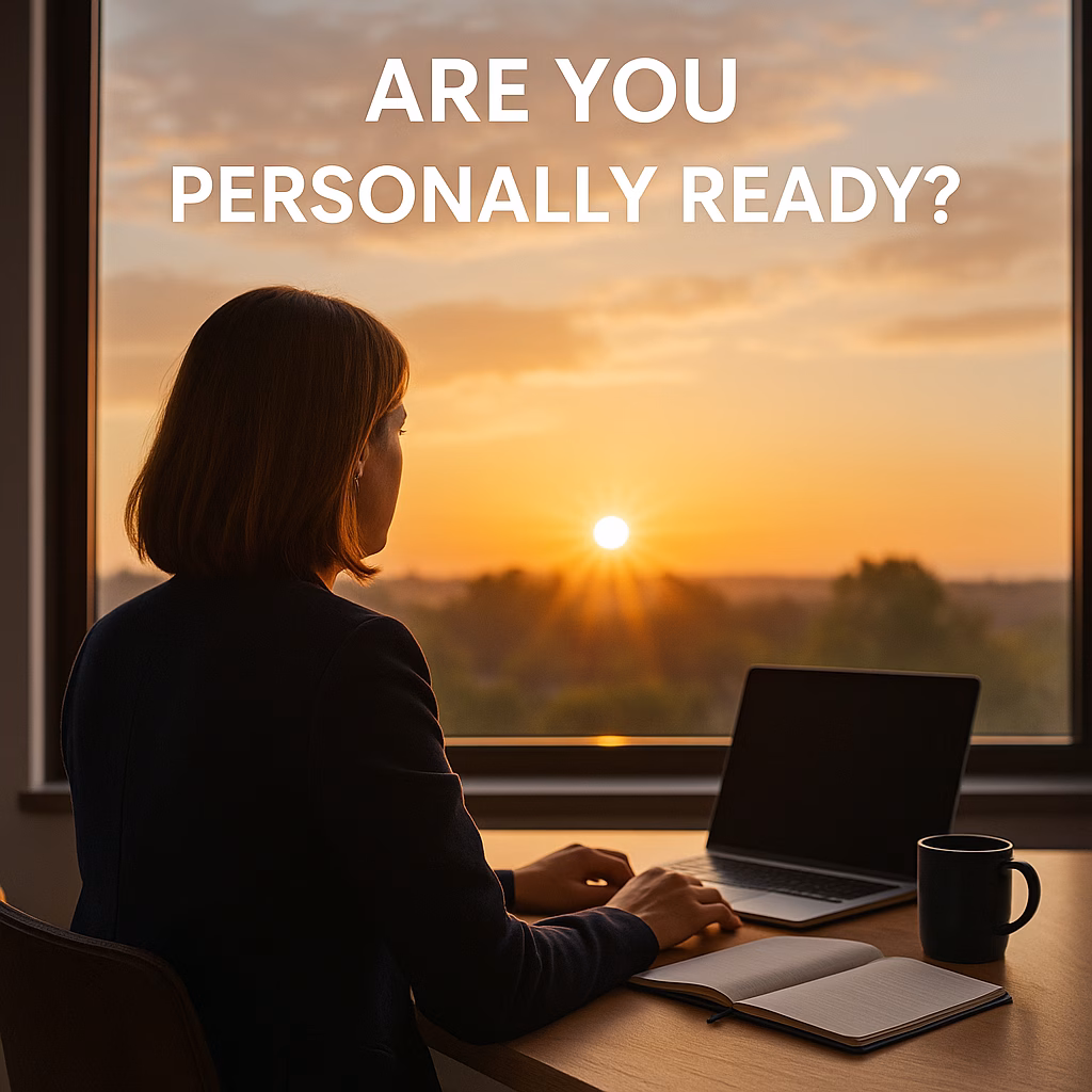 Woman at a desk with sunset