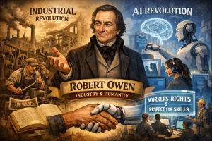 Image of Robert Owen against AI and Industrial Revolution backdrop
