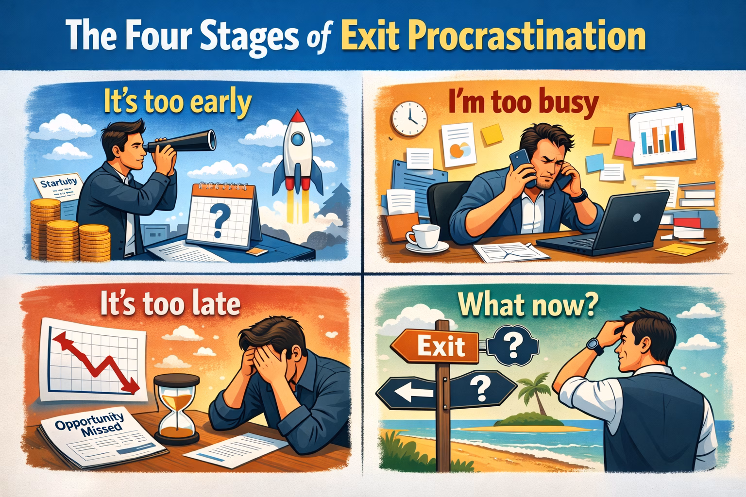 4 stages of exit procrastination shown as a quadrant